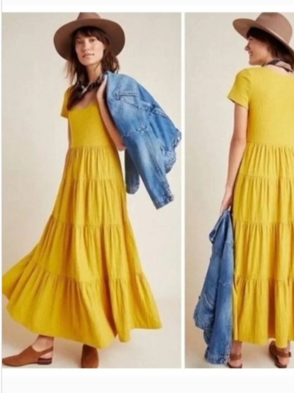*NWT* Anthropologie Maeve Gillian Tiered Maxi Dress Mustard Yellow Knit Size M